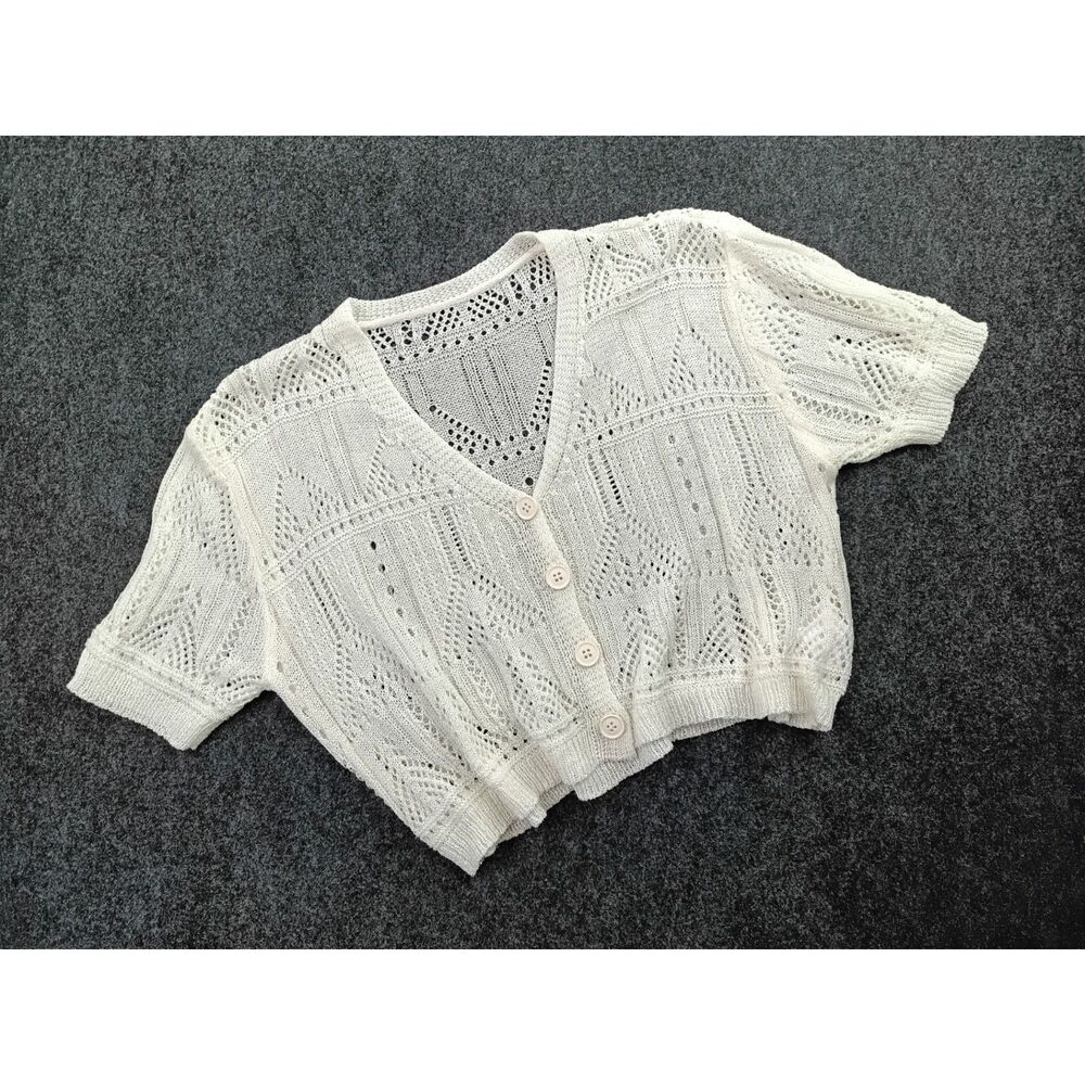 Knit Mix White Open Knit Short Sleeve Cropped Cardigan Top Womens M